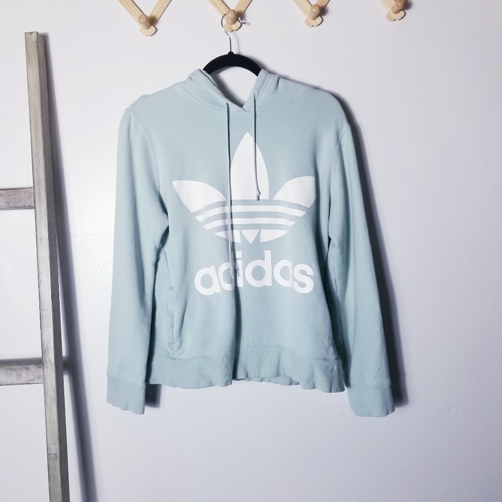 ADIDAS LIGHT GREEN WITH WHITE LETTERING HOODIE SIZE MEDIUM